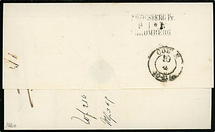 1860. Ufrankeret brev fra Moskva d. 21.3.1860 med bureaustempel Königsberg Pr. - Bromberg d. 9.4.1860 til Coeln, Tyskland. På forsiden svagt liniestempel Aus Russland.