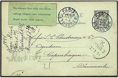 10 cent fransk helsags brevkort fra Paris d. 20.1.1894 til København. Påsat grøn etiket: “Nærværende Brev vilde være blevet udbragt tidligere, naar Adressatens Bopæl havde været angivet”. 