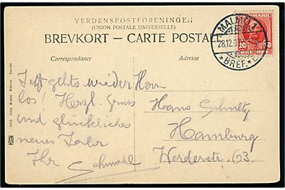 10 øre Fr. VIII på brevkort (Amagertorv, København) annulleret med svensk stempel i Malmö d. 28.12.1907 til Hamburg, Tyskland.