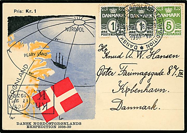 1 øre (par) og 5 øre Bølgelinie på ekspeditions-brevkort annulleret Dansk Nordostgrønlandsekspedition d. 18.5.1939 til København, Danmark. Ank.stemplet med blanketmaskinstempel Kh.K. d. 17.9.1939.