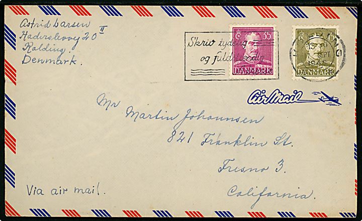 35 øre og 45 øre Chr. X på luftpostbrev fra Kolding d. 17.9.1948 til Fresno, USA.