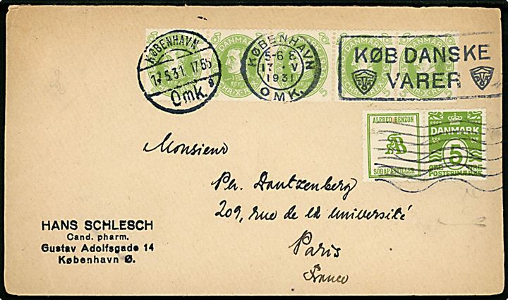 5 øre Chr. X 60 år (5) og 5 øre Bølgelinie & Alfred Benzon Sodapastiller reklamesammentryk på brev fra København d. 17.5.1931 til Paris, Frankrig.