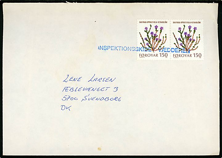 150 øre Fjeldblomster i parstykke på brev annulleret med liniestempel Inspektionsskibet Vædderen ca. 1980 til Svendborg, Danmark.