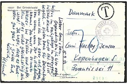 Ufrankeret feltpostkort fra Schweiz d. 15.2.1953 til København. Stemplet: Mil. Kurse u. Schule *Feldpost* fra soldat på manøvre. Ikke accepteret som postofrit og udtakseret i 70 øre porto med grønt maskinstempel. 