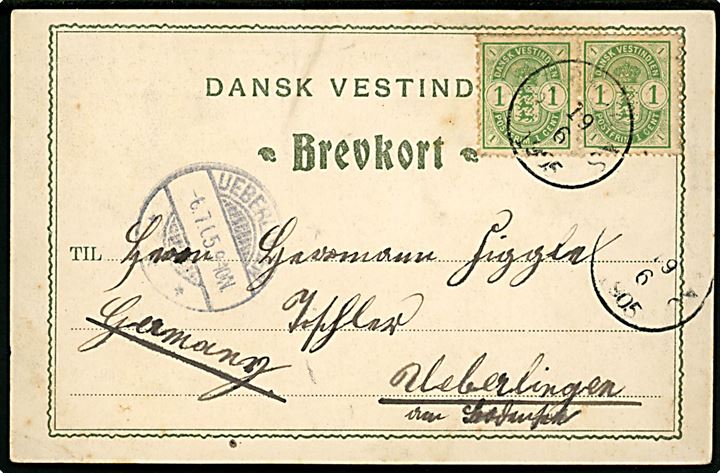 1 cent Våben i parstykke på brevkort (Tyske orlogsskibe i St. Thomas havn) annulleret St. Thomas d. 19.6.1905 ril Ueberlingen, Tyskland.