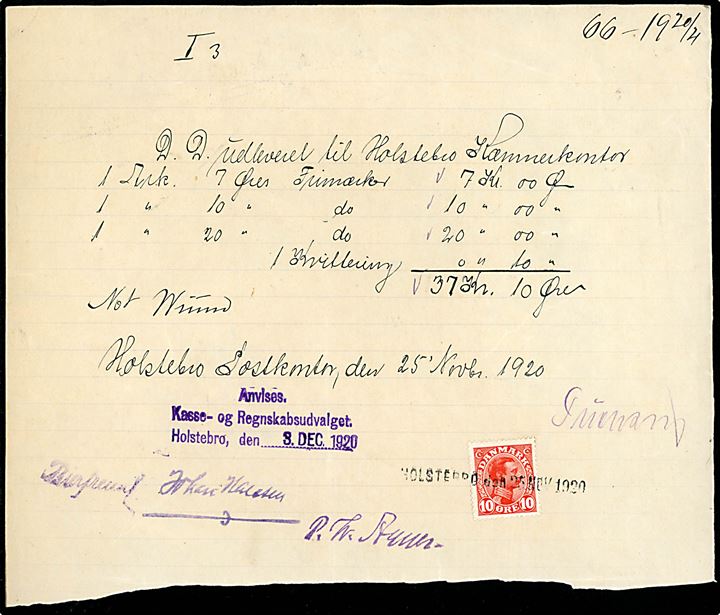 10 øre Chr. X annulleret med kontorstempel Holstebro d. 25.11.1920 anvendt som gebyr mærke på håndskrevet kvittering for indkøb af frimærker ved Holstebro Postkontor.