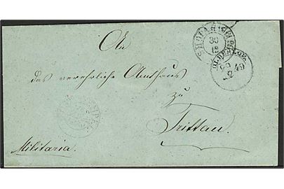 1849. Militaria brev med 1½-ringsstempel Oldesloe d. 29.12.1849 via S-H.O.P.A. Hamburg til Trittau. Svagt stempel: POST=STEMPEL VIItes Schl.Holst.Inf.Bat.