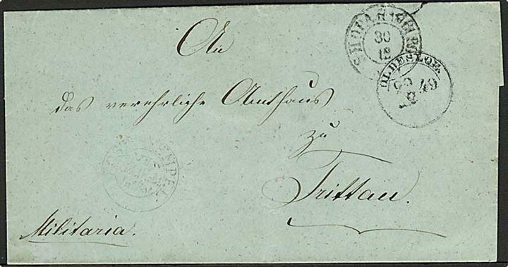1849. Militaria brev med 1½-ringsstempel Oldesloe d. 29.12.1849 via S-H.O.P.A. Hamburg til Trittau. Svagt stempel: POST=STEMPEL VIItes Schl.Holst.Inf.Bat.