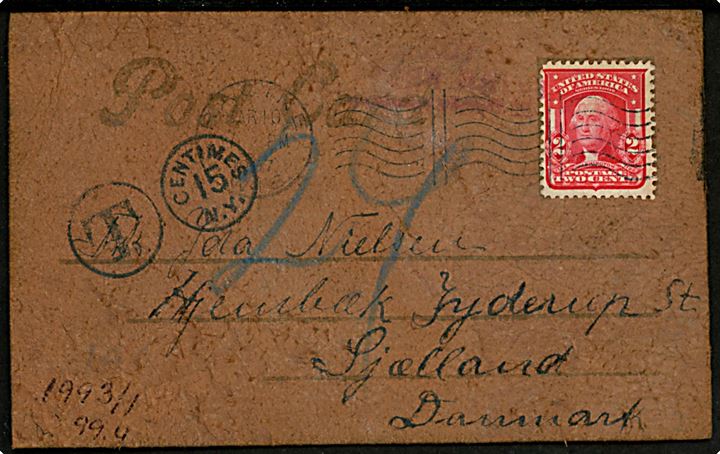Læderkort med kylling. Med 2 cent Washington USA, sendt 09.03.1907 til Jyderup sat i porto T. 15 centimes N.Y. omregnet til 24 øre. 