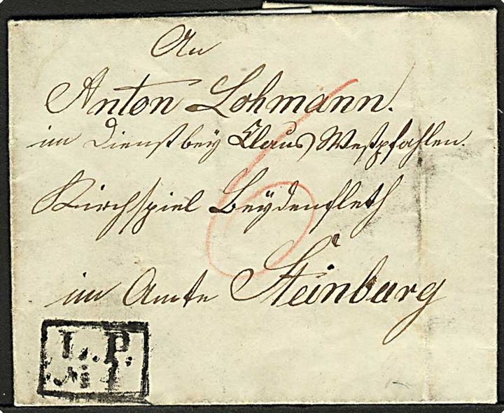 1858. Portobrev dateret Oersdorf d. 14.11.1858 med landpost rammestempel L.P.No.4 til Steinburg. Påskrevet 6 skilling porto. Fuldt indhold.