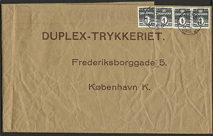 7 øre bogtryk Bølgelinie på lokal tryksag i København d. 10.8.1933. Omslag genbrugt og frankeret med 1 øre stålstik Bølgelinie (4) stemplet København d. 11.8.1933.