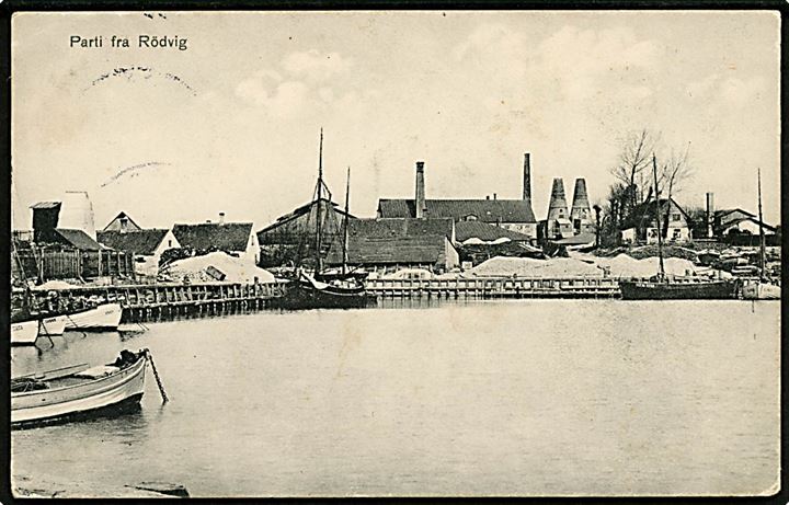 Rødvig. Havnen med Teglværket (nedlagt i 1923). A. Christensen no. 6458. Med 5 øre Chr. X annulleret bureaustempel Kjøge - Faxe LP. d. 12.4.1917 T.3 til Gørlev St.  