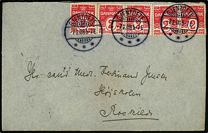 2 øre Bølgelinie (5) på brev fra Gjentofte d. 7.2.1908 til Roskilde.