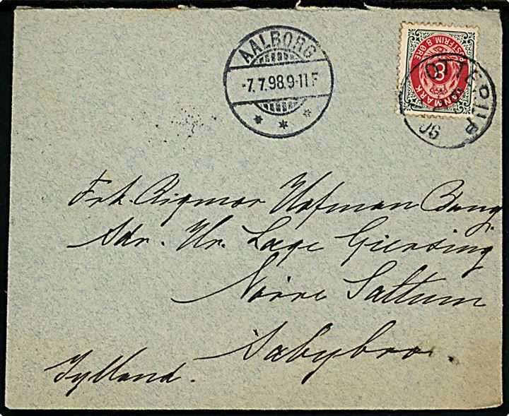 8 øre Tofarvet på brev annulleret med lapidar Otterup d. 6.7.1898 via Aalborg og Aabybro til Nørre Saltum.