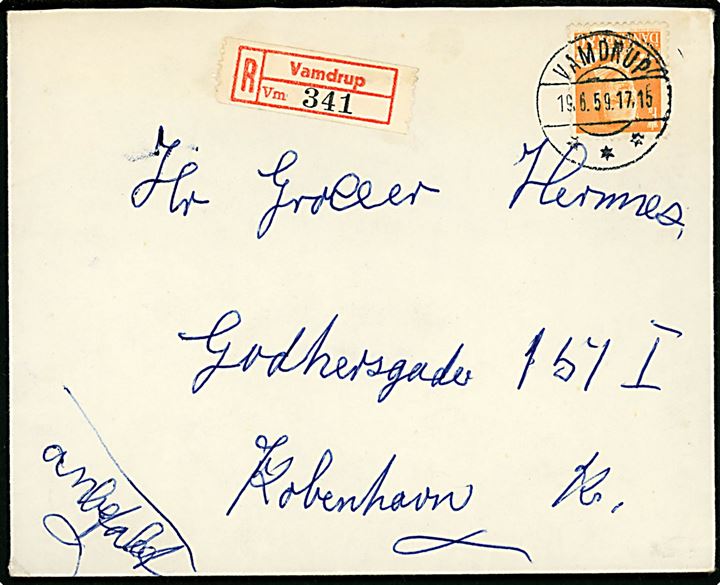 80 øre Fr. IX single på anbefalet brev fra Vamdrup d. 19.6.1959 til København.