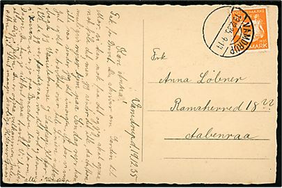 10 øre H. C. Andersen på brevkort annulleret med udslebet brotype Vc stempel Vamdrup d. 19.12.1935 til Aabenraa. Stemplet tidligere benyttet med teksten Vamdrup B. (1921-1930).