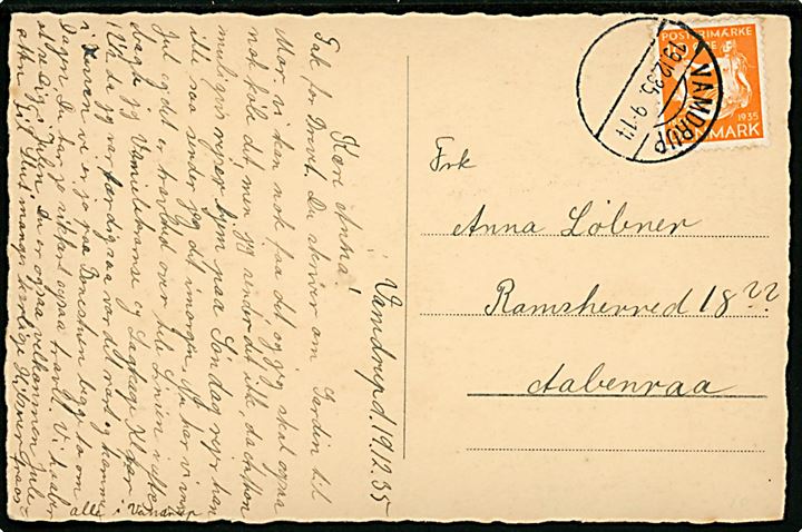 10 øre H. C. Andersen på brevkort annulleret med udslebet brotype Vc stempel Vamdrup d. 19.12.1935 til Aabenraa. Stemplet tidligere benyttet med teksten Vamdrup B. (1921-1930).