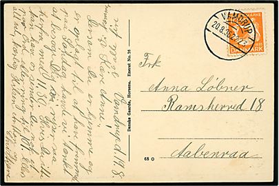 10 øre H. C. Andersen på brevkort annulleret med udslebet brotype Vc stempel Vamdrup d. 20.8.1936 til Aabenraa. Stemplet tidligere benyttet med teksten Vamdrup B. (1921-1930).