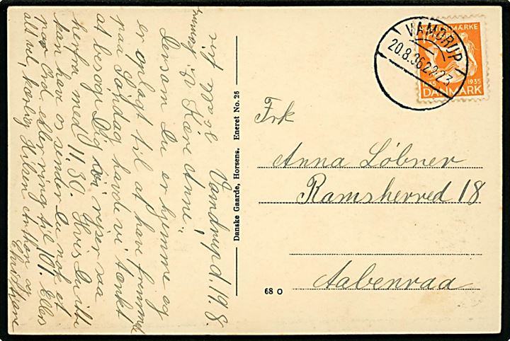 10 øre H. C. Andersen på brevkort annulleret med udslebet brotype Vc stempel Vamdrup d. 20.8.1936 til Aabenraa. Stemplet tidligere benyttet med teksten Vamdrup B. (1921-1930).