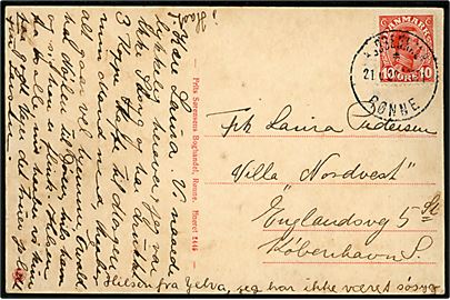 10 øre Chr. X på brevkort fra Bornholm annulleret med sejlende bureaustempel Kjøbenhavn - * Rønne d. 21.6.1920 POST1 til København.