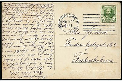 5 øre Fr. VIII på brevkort fra konstabel på Kastrup Fort annulleret med forsøgs-maskinstempel Kjøbenhavn KKB d. 16.5.1912 til Frederikshavn.