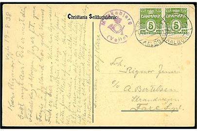 5 øre Bølgelinie (par) på brevkort annulleret med bureaustempel Fredericia - Aalborg T.991 d. 19.8.1938 og sidestemplet med posthornstempel Munkebjerg (Vejle) til Faxe Ladeplads.