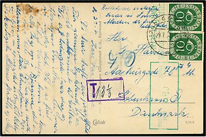 10 pfg. Ciffer (2) på underfrankeret brevkort med fotolomme fra Goslar d. 29.7.1952 til København, Danmark. Violet portostempel T 131/3 c. og udtakseret i 40 øre dansk porto.