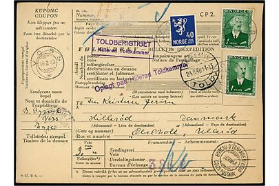 40 øre Løve og 1 kr. Haakon (2) på internationalt adressekort for pakke fra Voss d. 19.8.1948 til Hillerød, Danmark.
