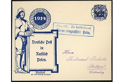 Russisk Polen. 20 pfg. Russische Polen provisorisk illustreret helsagskuvert Deutsche Post in Russisch Polen 1914 stemplet Lodz ca. 1914 til Stuttgart, Tyskland. Passér stemplet ved censuren i Posen.
