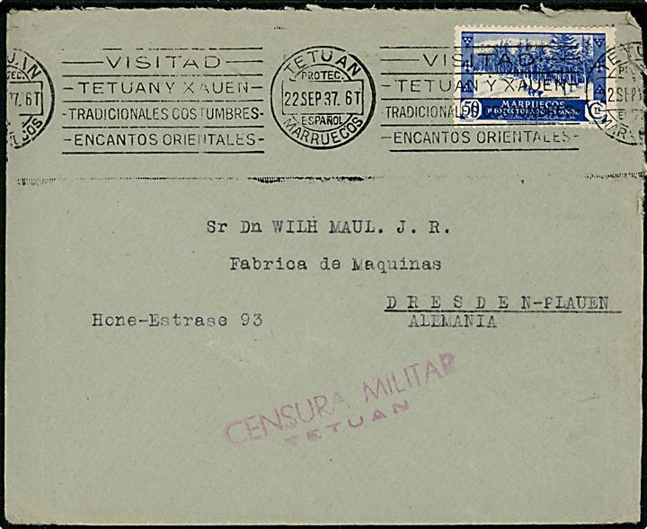 Spansk Marokko 50 cts. på brev fra Tetuan d. 22.9.1937 til Dresden, Tyskland. Lokal spansk censur fra Tetuan.