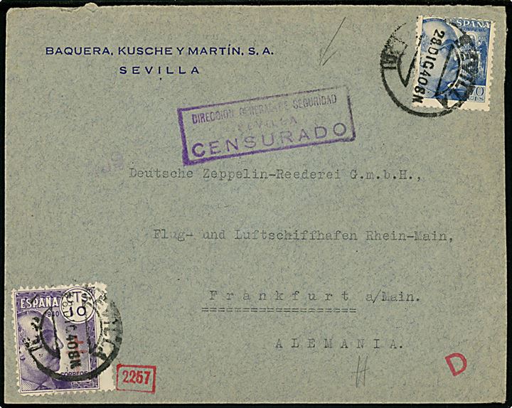 70 cts. Franco og 10 cts. Velgørenhed på brev fra Sevilla d. 28.12.1940 til Frankfurt, Tyskland. Lokal spansk censur fra Sevilla og åbnet af tysk censur i München.