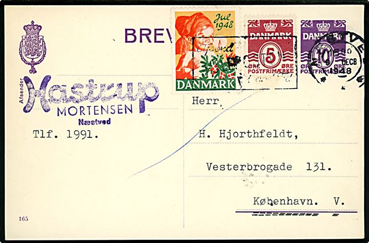 10 øre helsagsbrevkort (fabr. 165) opfrankeret med 5 øre Bølgelinie og Julemærke 1948 Fra Næstved d. 9.12.1948 til København.