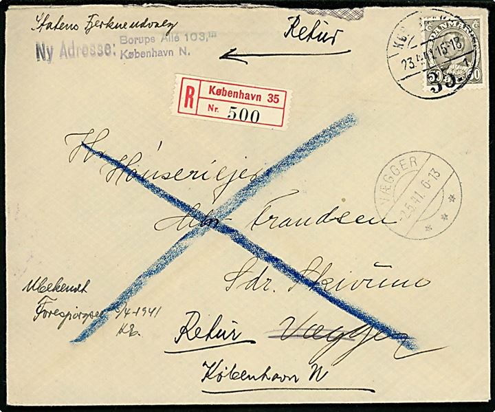 50 øre Chr. X single på anbefalet brev fra København d. 23.4.1941 til Vægger. Returneret som ubekendt fra Vægger d. 2.5.1941 med påskrift: Forespørgsel 25/4-1941.