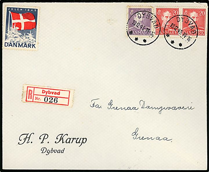 10 øre og 20 øre (par) Chr. X på anbefalet brev med Julemærke 1945 annulleret med brotype IIIc Dybvad d. 13.12.1945 til Grenaa.