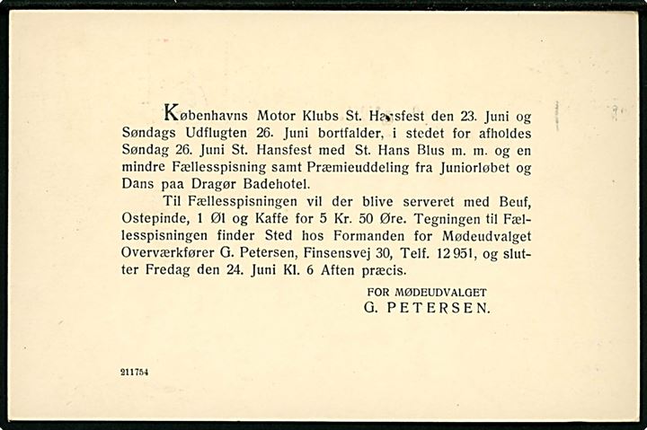5 øre +3/2 øre provisorisk helsagsbrevkort (fabr. 44-H) med fortrykt meddelelse fra Københavns Motor Klub sendt lokalt i København d. 20.6.1921. Nålehul.