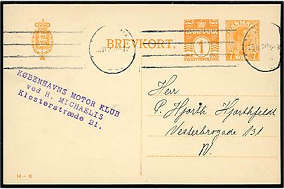 7 øre + 1 øre provisorisk helsagsbrevkort (fabr. 56-H) med fortrykt meddelelse fra Københavns Motor Klub sendt lokalt i København d. 29.11.1920. Nålehul.