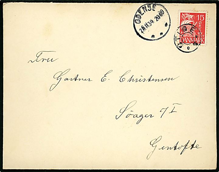 15 øre Karavel på brev annulleret med udslebet stjernestempel STIGE (type I) og sidestemplet Odense d. 28.11.1934 til Gentofte.
