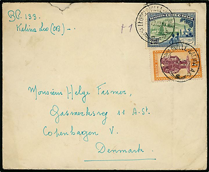 1 fr. Maske og 2,50 fr. Jernbanejubilæum på brev fra Leopoldville d. 22.10.1948 til København, Danmark.