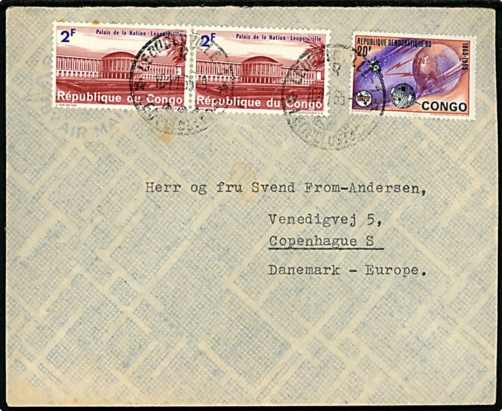 Rep. Congo 2 fr. (par) og 20 fr. på luftpostbrev fra Dansk Røde Kors i Leopoldville d. 10.11.1965 til København, Danmark.