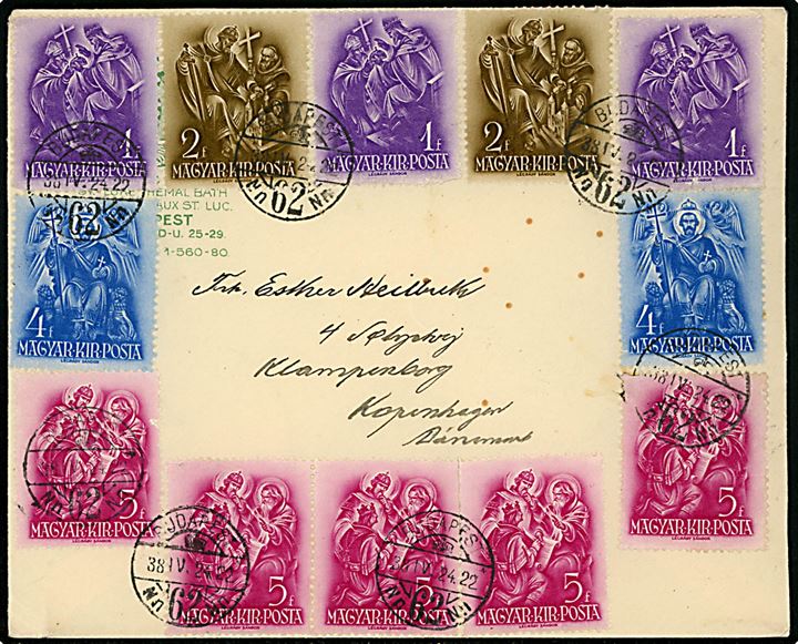 1 f. (3), 2 f. (2), 4 f. (2) og 5 f. (5) på dekorativ blandingsfrankeret kuvert fra Budapest d. 24.4.1938 til København, Danmark.