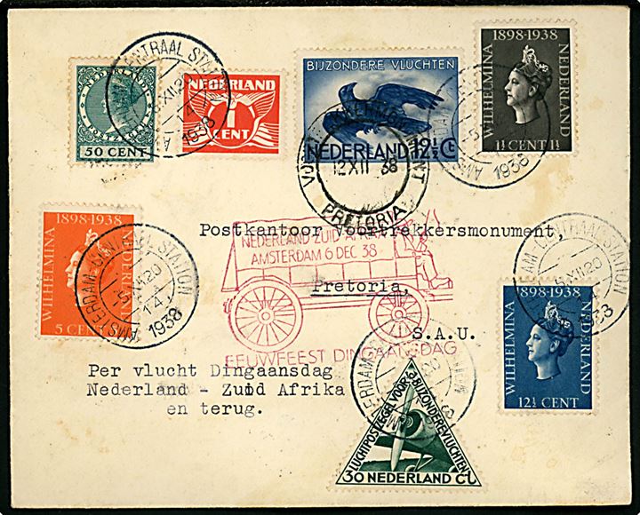 Hollandsk og Sydafrikansk blandingsfrankeret Voortrekkerflyvnings-kuvert fra Amsterdam d. 5.12.1938 til Pretoria  og retur fra Voortrekkersmonument i Pretoria d. 12.12.1938 til Lyngby, Danmark.