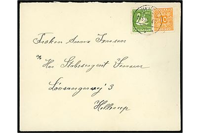 5 øre H. C. Andersen og 10 øre Portomærke anvendt som frimærke på brev annulleret med brotype IIc Viemose d. 14.5.1936 til Hellerup. Ikke udtakseret i porto.