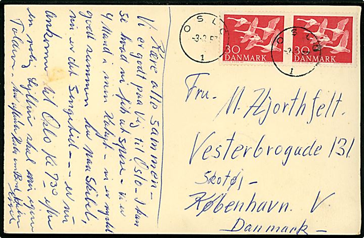 30 øre Nordens Dag udg. i parstykke på menukort fra DFDS Norges-båden M/S Kronprinsesse Ingrid benyttet som brevkort og annulleret med norsk stempel i Oslo d. 3.3.1957 til København, Danmark.