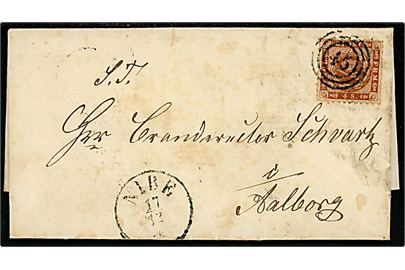 4 sk. Stukken kant på landpostbrev, påskrevet frit under frimærke, med langt indhold dateret Stor Aistrup d. 15.12.1863 annulleret med nr.stempel 45 og sidestemplet antiqua Nibe d. 17.12.1863 til Aalborg.