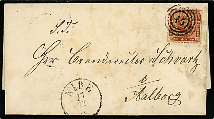 4 sk. Stukken kant på landpostbrev, påskrevet frit under frimærke, med langt indhold dateret Stor Aistrup d. 15.12.1863 annulleret med nr.stempel 45 og sidestemplet antiqua Nibe d. 17.12.1863 til Aalborg.