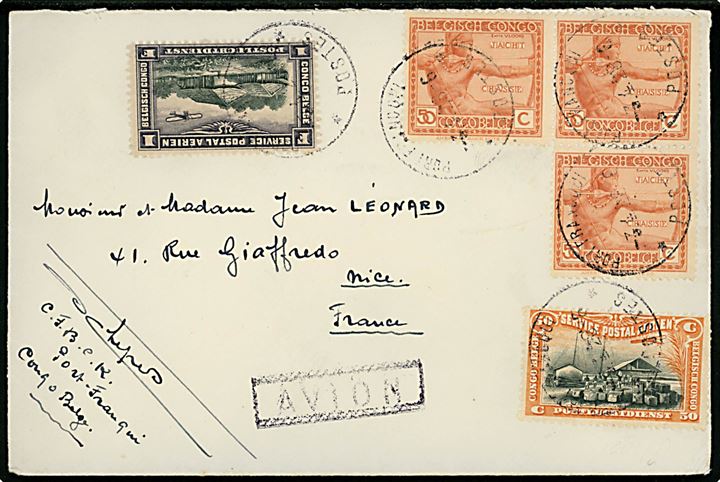 50 c. Jæger (3), 50 c. og 1 fr. Luftpost på 3 fr. frankeret luftpostbrev fra Port Franqui  d. 3.4.1928 til Nice, Frankrig.
