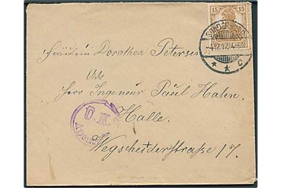 15 pfg. Germania på brev stemplet Sonderburg **C d. 4.12.1917 til Halle, Tyskland. Violet censur Ü.K. Apenrade.