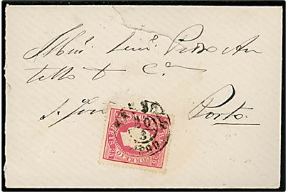 25 reis single på brev annulleret med svagt stempel d. 30.3.1880 til Porto. Ank.stemplet på bagsiden.