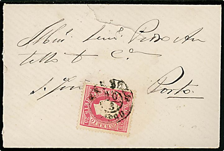 25 reis single på brev annulleret med svagt stempel d. 30.3.1880 til Porto. Ank.stemplet på bagsiden.
