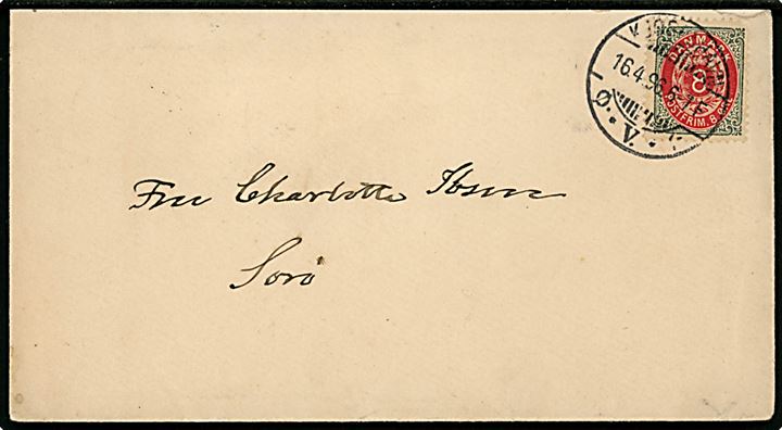 8 øre Tofarvet 81 tr. omv. rm. single på brev fra Kjøbenhavn d. 16.4.1896 til Sorø.